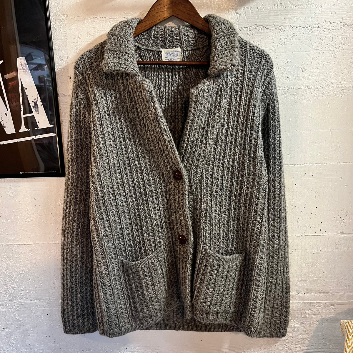 Vintage 70’s/80’s Sears Chunky Knitted Shawl Collar Cardigan Sweater - Size Large - Grey