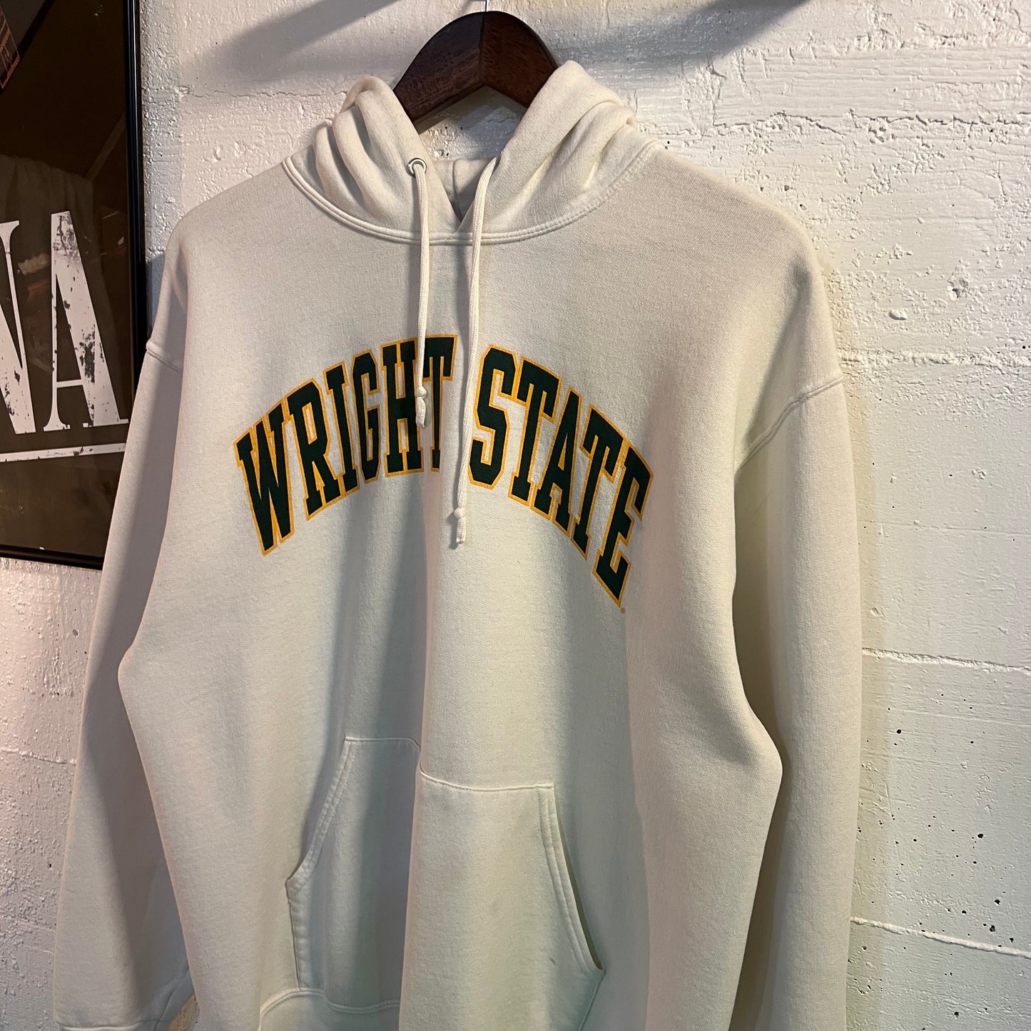 Vintage 2000's Wright State Collegiate Arch Logo Hoodie - Size Large - White/Green/Yellow - Distressed