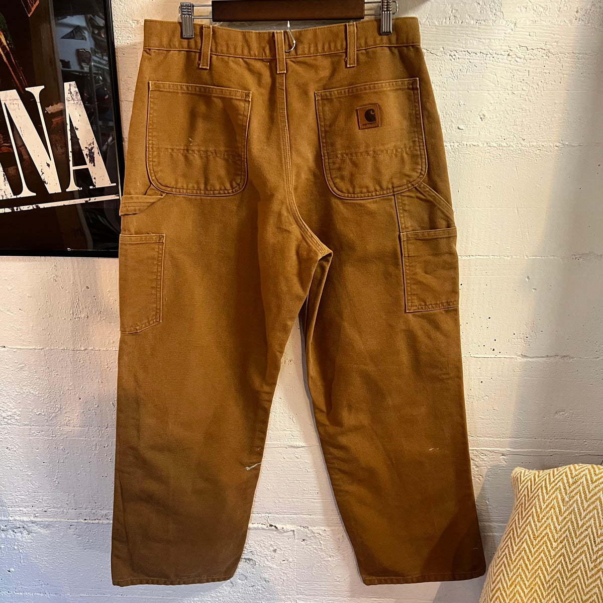 Distressed Carhartt Duck Canvas Original Dungaree Fit Carpenter Work Pants - Size 32" x 29" - 100% Cotton - Tan - B11-BRN