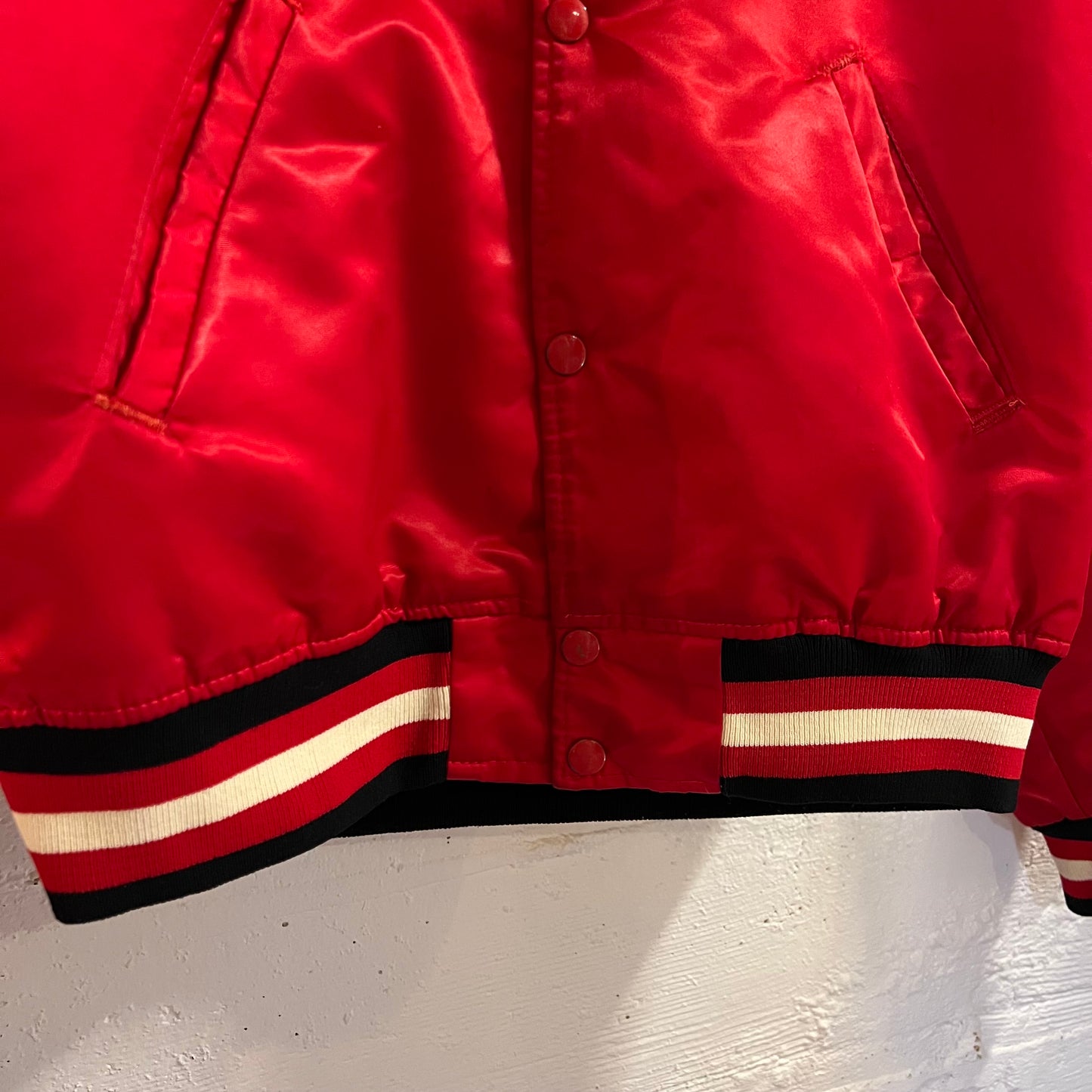 Vintage 1980's Starter Chicago Blackhawks Satin Bomber Jacket - Size Medium - Made In USA - Red/Black