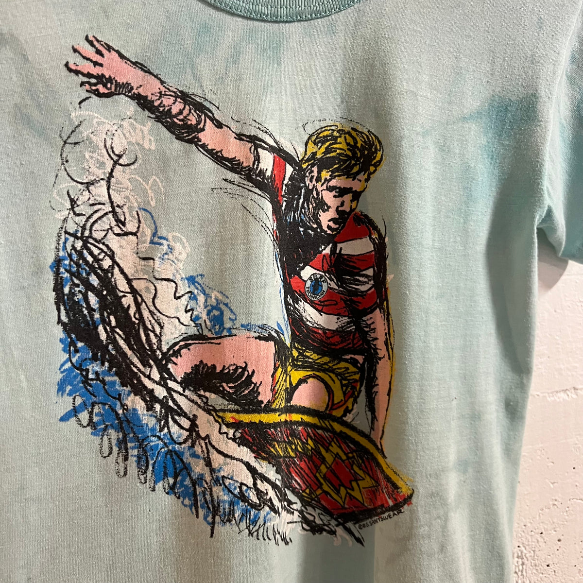 Vintage Distressed 80’s Surfing Single Stitch Graphic Baby T-Shirt - Size Youth Medium - Made In USA - Baby Blue/Multi
