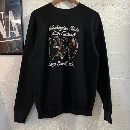 Vintage 1990 Long Beach, WA State Kite Festival Raglan Sleeve Crewneck Sweatshirt - Size Large - Made In USA - Black/White/Multi