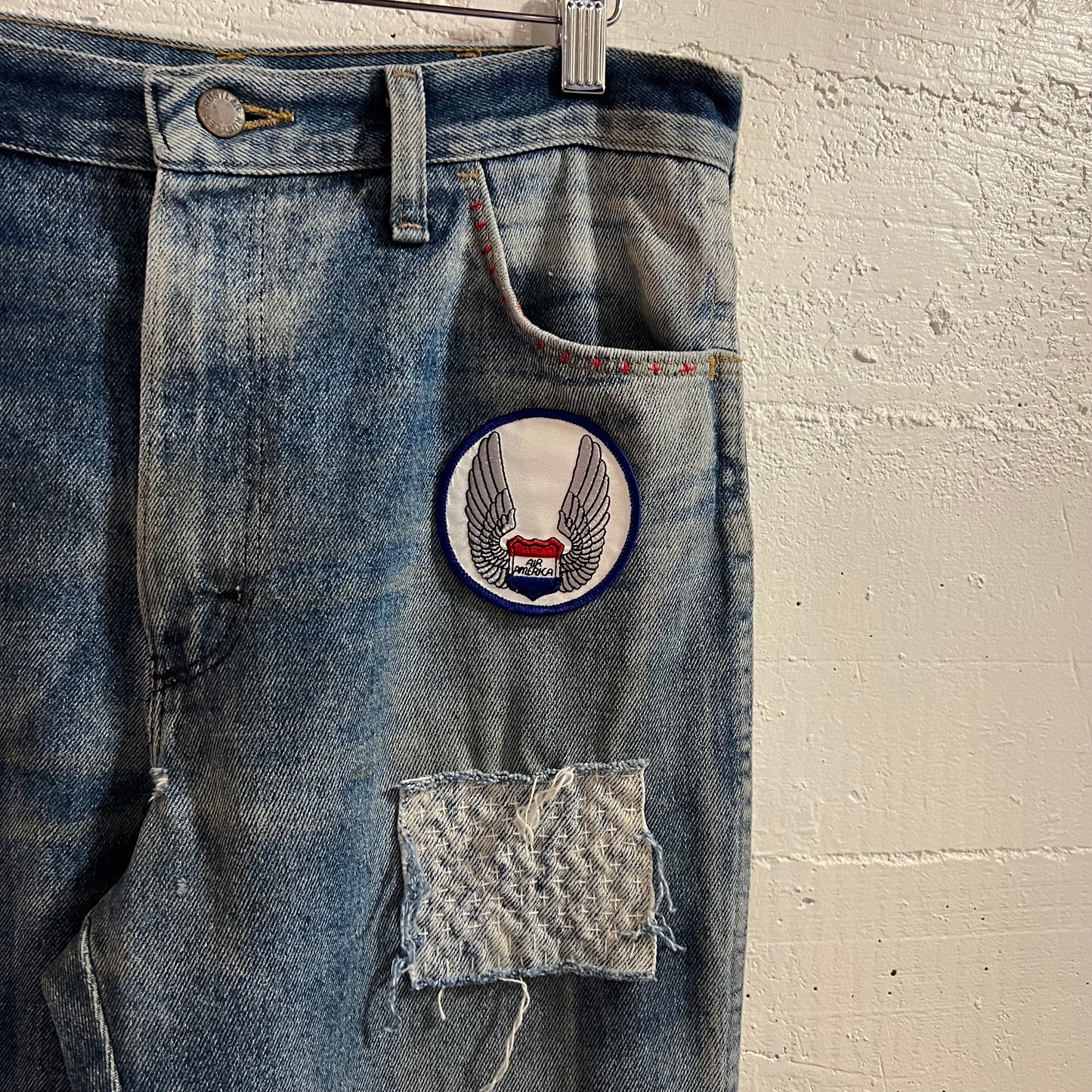Vintage 70's/80's Rustler Faded Distressed Patch Denim Jeans - Size 32" x 32" - Made In USA - 87620 - Light Faded Indigo