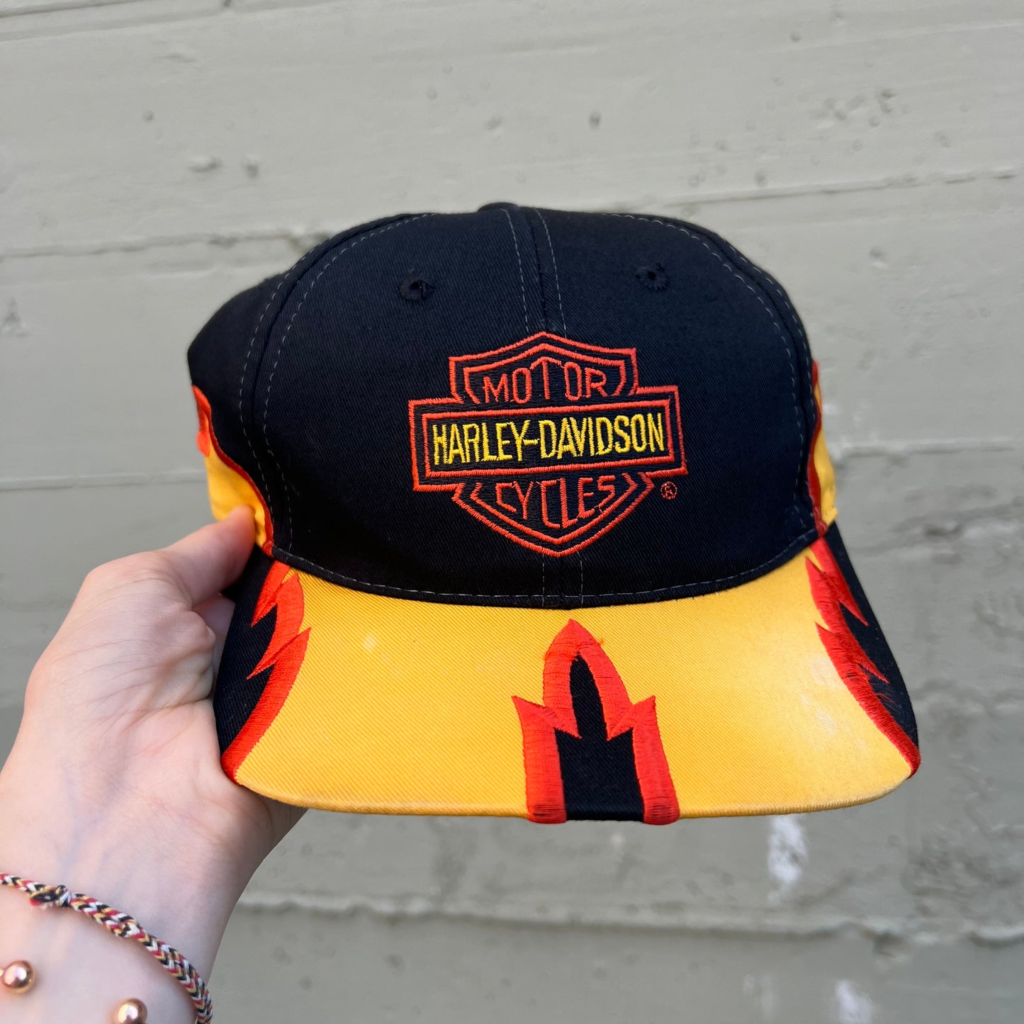 Vintage Y2K Harley Davidson Flame 6- Panel Snapback Hat - O/S - Black/Orange/Yellow