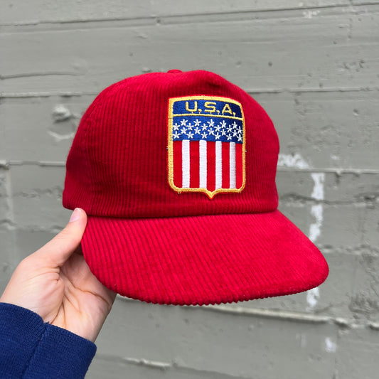 Vintage 90's Team USA Crest Embroidered Corduroy Snapback Hat - O/S - Made In USA - Red