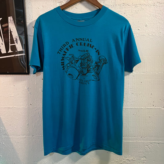 Vintage 1986 3rd Annual Milwaukie Cruise-In Single Stitch T-Shirt - Size Large - Made In USA - Blue/Black