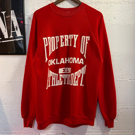 Vintage 80’s Jerzees Property Of Oklahoma Athletic Department Raglan Crewneck Sweatshirt - Size XL - Made In USA - Red/White