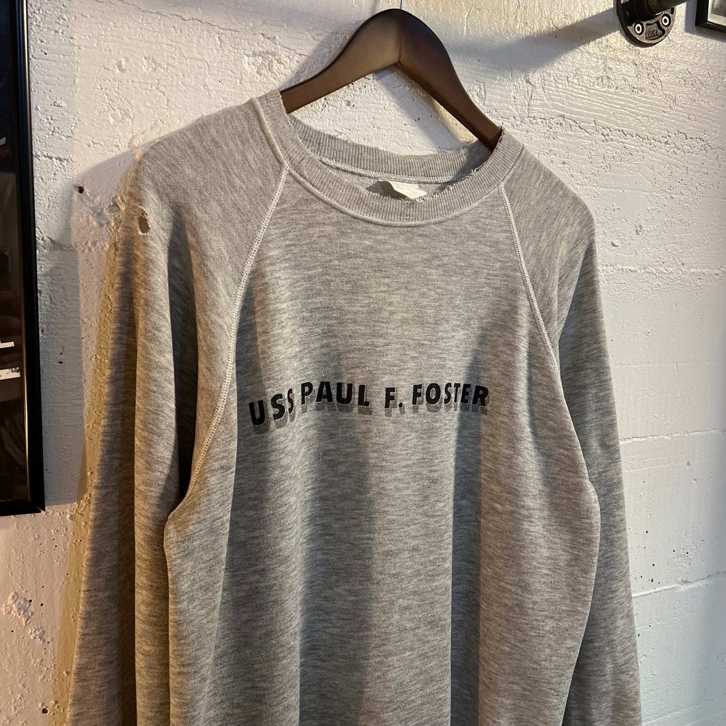 Vintage 1980's Distressed USS Paul F. Foster Navy Destroyer Ship Raglan Crewneck - Size Large - Made In USA - Heather Gray - Hanes