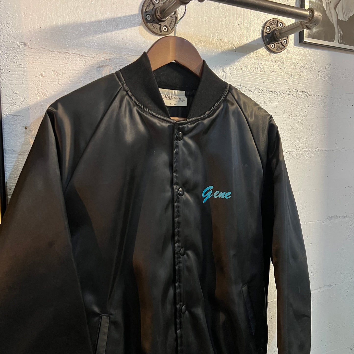 Vintage 1980's Union Made Satin Bomber Jacket - Size Large - Made In USA - Black/Turquoise