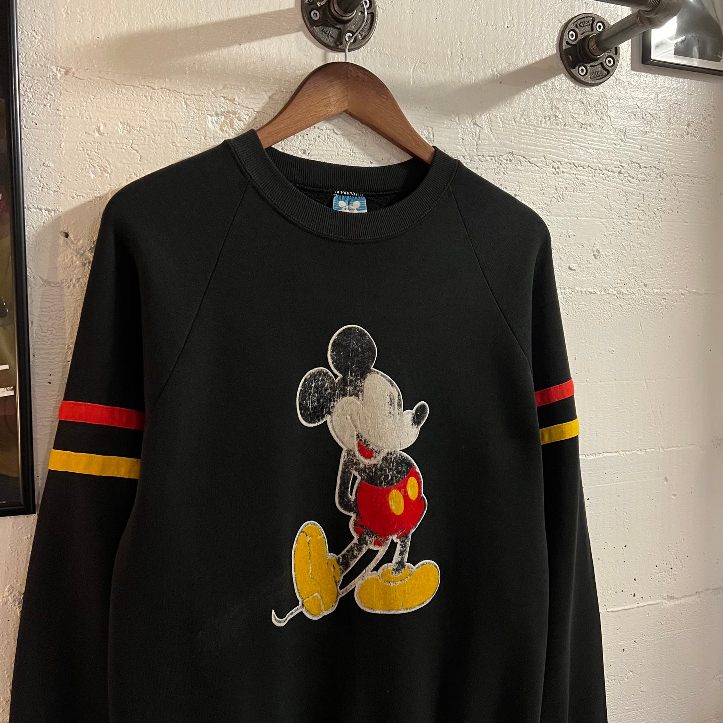 Vintage 80’s Distressed Disney Mickey Mouse Raglan Sleeve Crewneck Sweatshirt - Size Large - Made In USA - Black/Red/Yellow/White