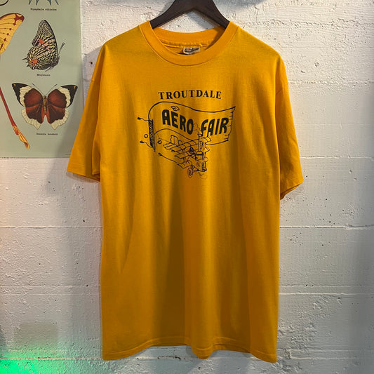 Vintage 90's Troutdale Aero Fair Bi-Plane T-Shirt - Size XL - Made In USA - Single Stitch - Yellow