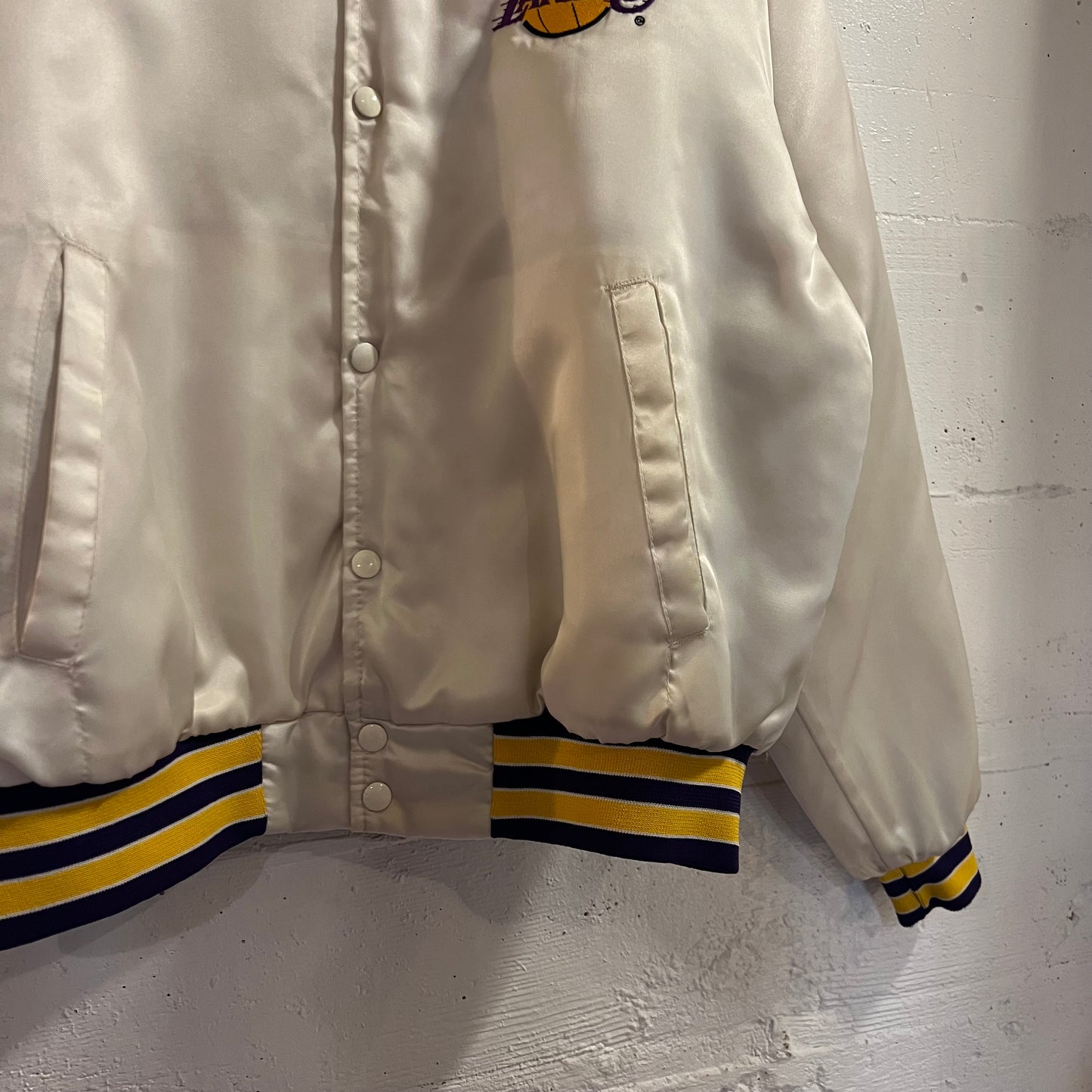 Vintage 90's Los Angeles Lakers Embroidered Swingster Satin Bomber Jacket - Size XL - Made In USA - White/Yellow/Purple