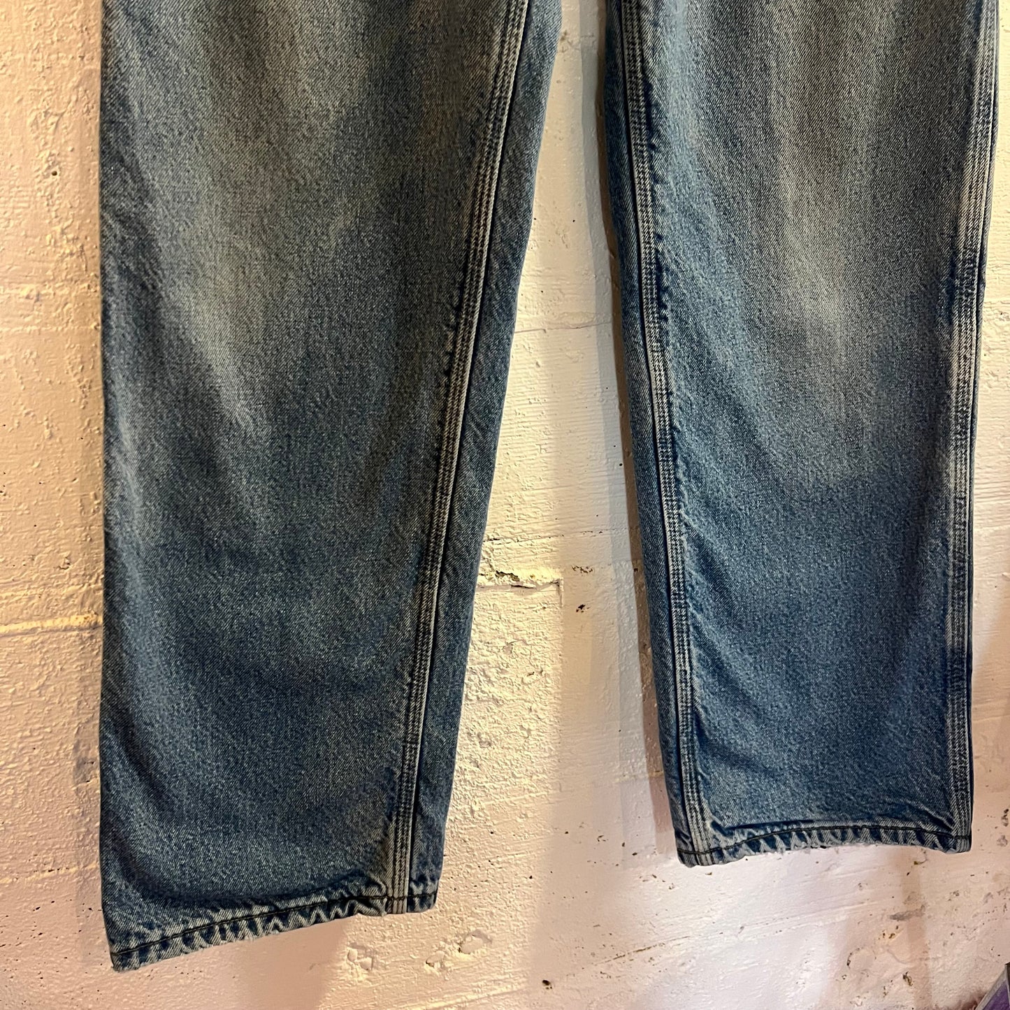 2000's Distressed Carhartt Flannel Lined Dungaree Fit Denim Carpenter Jeans - Size 31" x 34" - Light Wash Indigo - B236-DST