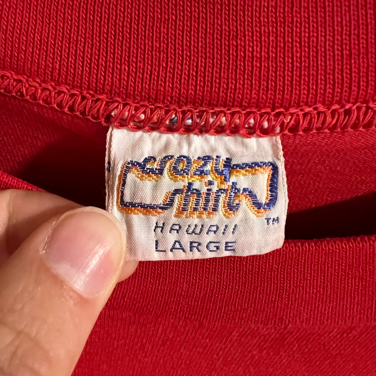 Vintage 1980's Magnum Pi 'King Kamehameha Club Volleyball Crazy Shirts Hawaii Long Sleeve Single Stitch T-Shirt - Size Large - Made In USA - Red - 100% Cotton