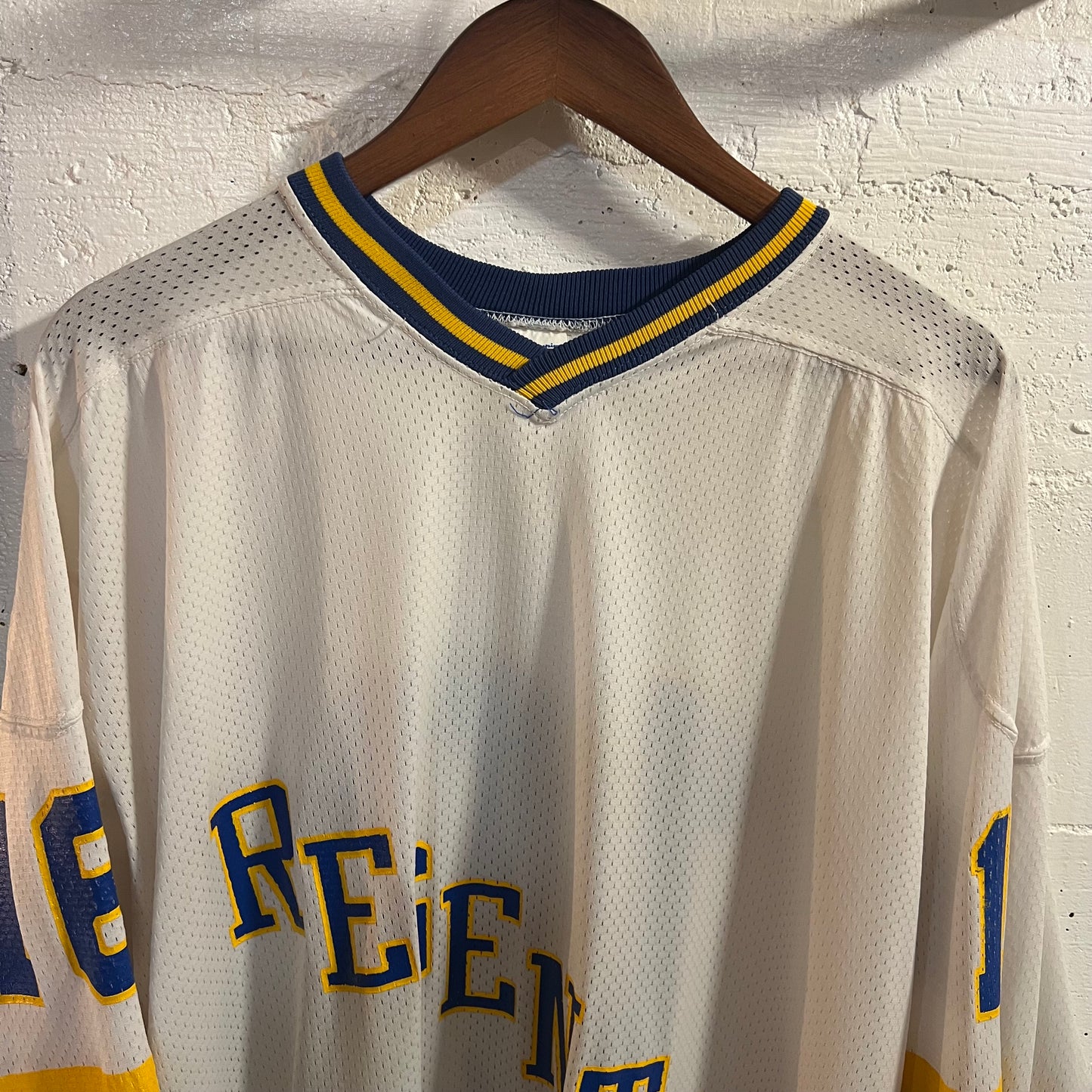 Vintage 1980's Champion Regents Hockey Jersey - Size XL (48) - Made In USA - White/Blue/Yellow