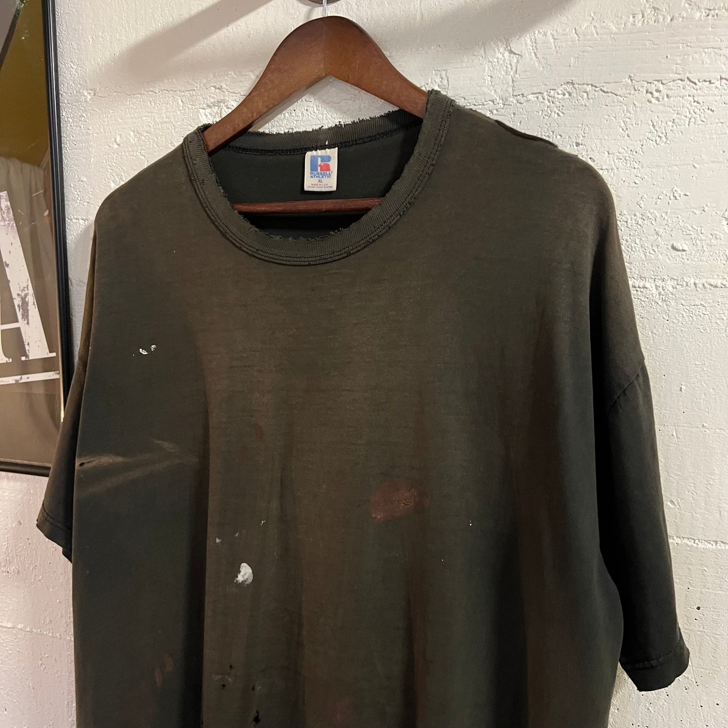 Vintage 90's Exceptionally Distressed Russell Athletic Blank T-Shirt - Size XL - Made In USA - Faded Black