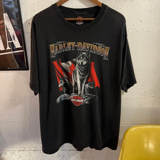 Vintage 2004 Harley Davidson British Columbia, Canada Wolf Graphic T-Shirt - Size XL - Made In Canada - Faded Black/Multi
