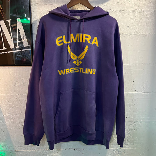 Vintage 2000's Distressed Sun Faded Elmira Wrestling Hoodie Sweatshirt - Size Large - Purple/Yellow/Grey