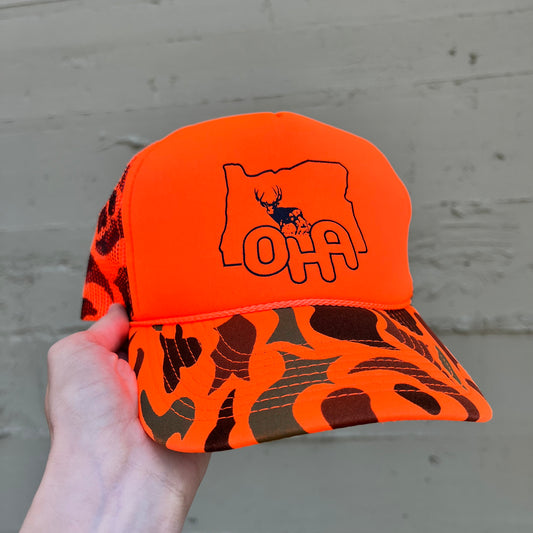 Vintage Blaze Orange Camo OHA Trucker Hat - O/S - Blaze Orange Camo