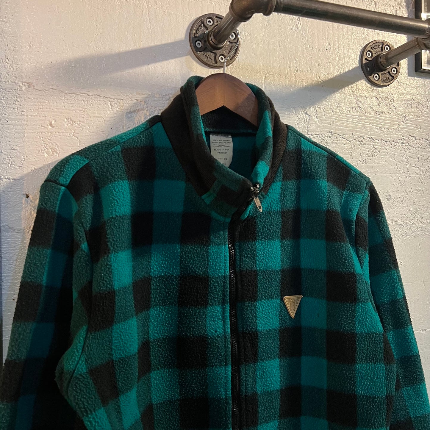Vintage 90's Union Bay Buffalo Plaid Zip-Up Fleece Jacket - Size Large - Made In USA - Teal/Black