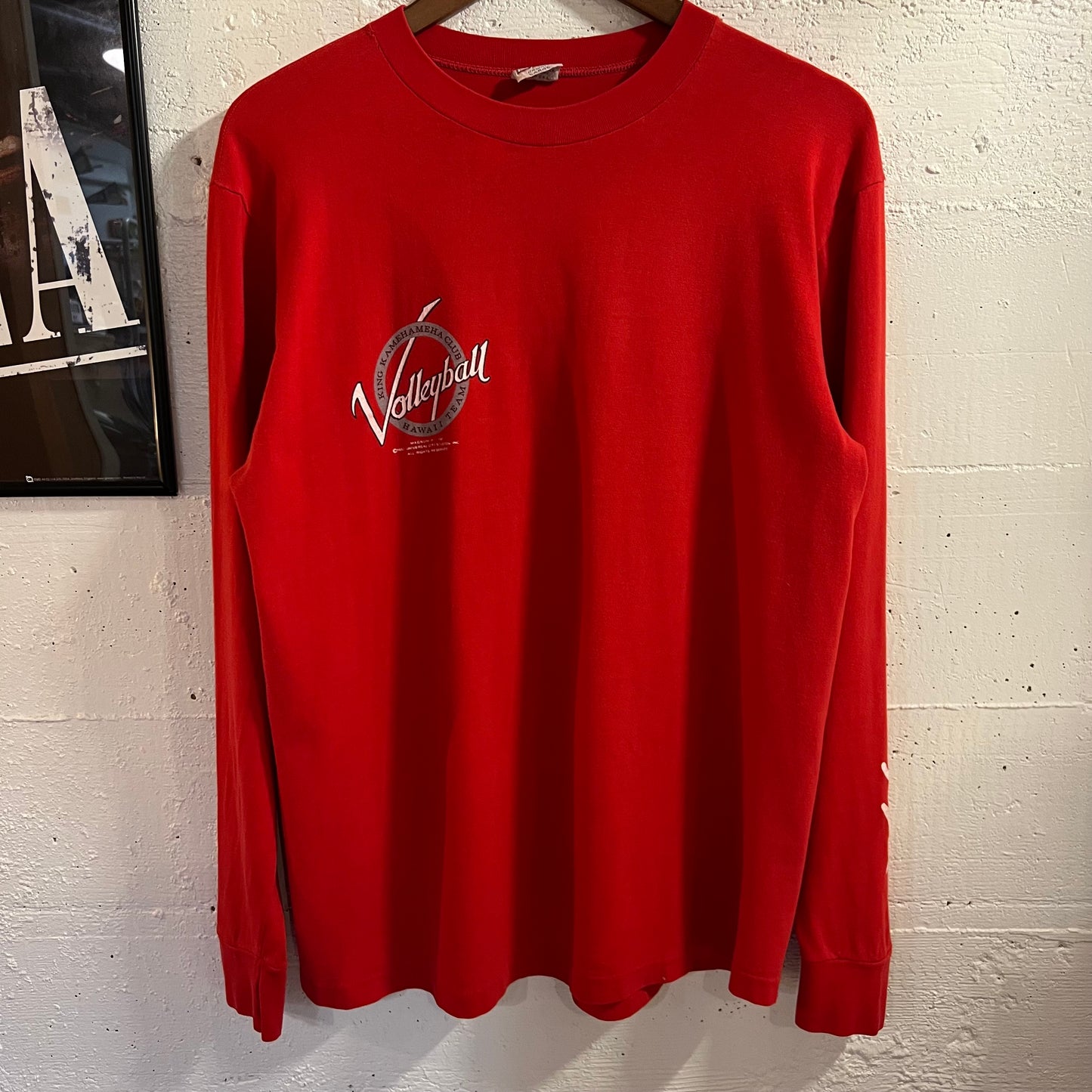 Vintage 1980's Magnum Pi 'King Kamehameha Club Volleyball Crazy Shirts Hawaii Long Sleeve Single Stitch T-Shirt - Size Large - Made In USA - Red - 100% Cotton