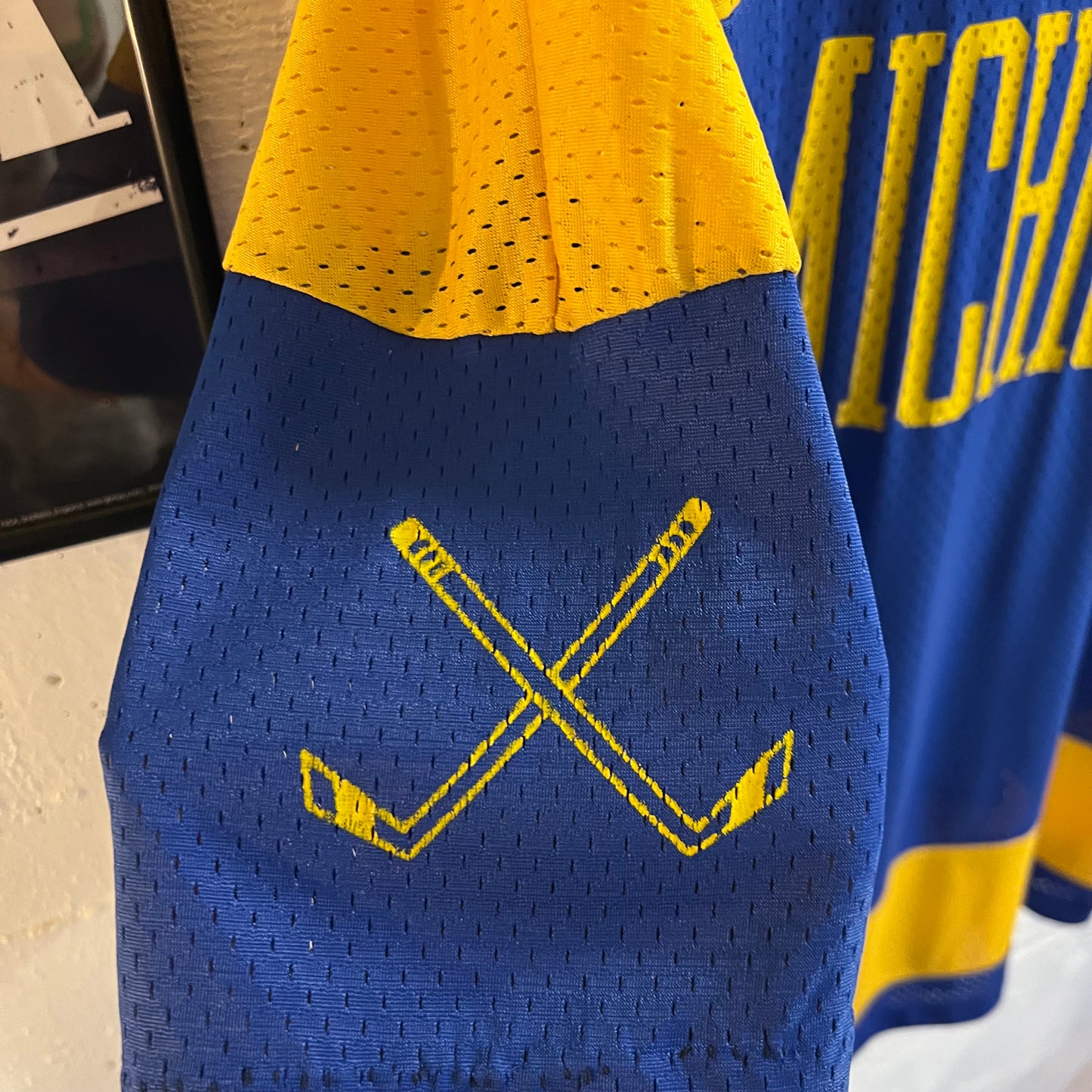 True Vintage 1970's Artex University of Michigan Hockey Jersey - Size XL - Made In USA - Blue/Yellow
