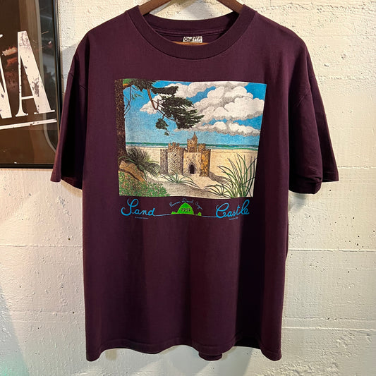 Vintage 1997 Cannon Beach, OR Sand Castle Art Single Stitch T-Shirt - Size Large - Made In USA - Purple/Multicolor
