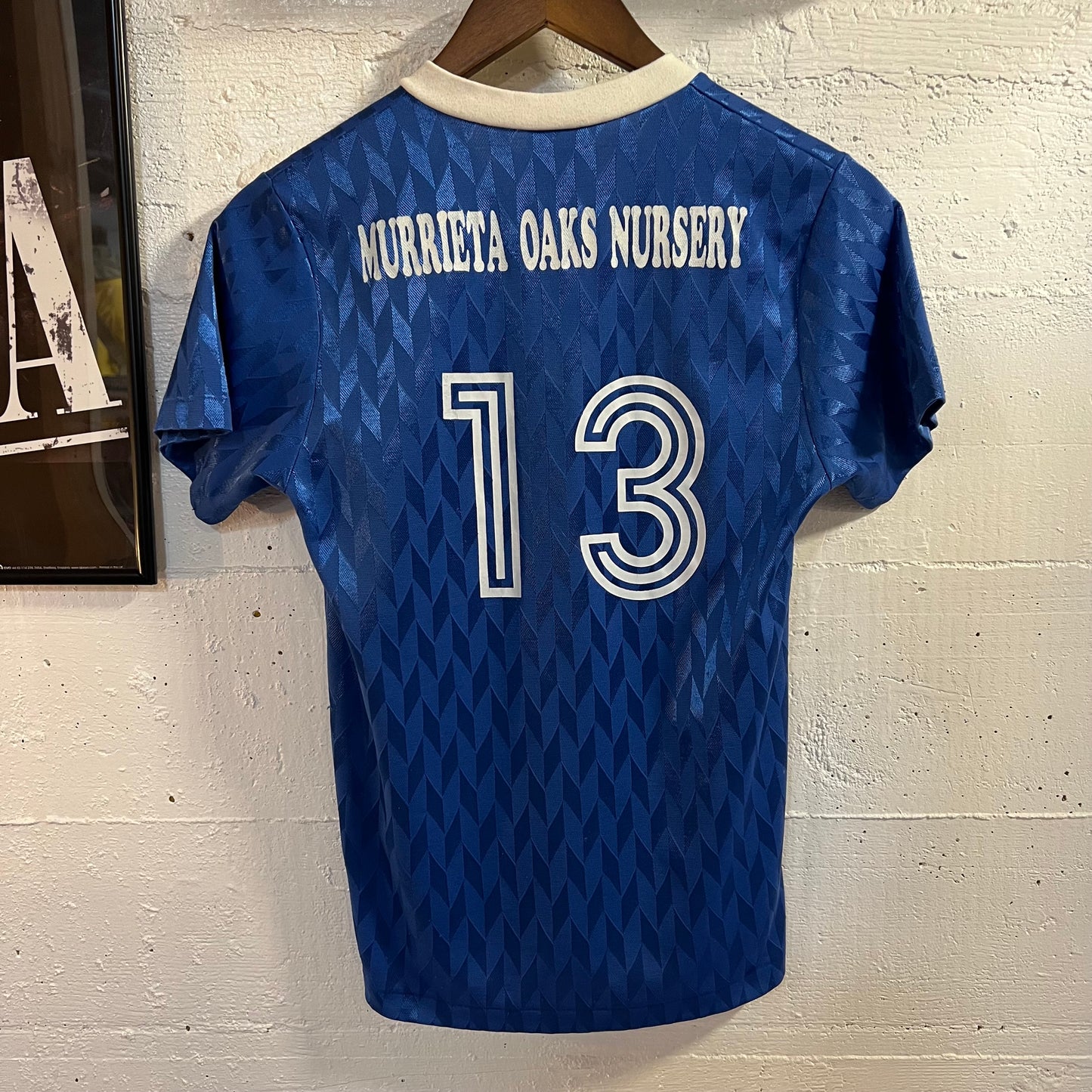 Vintage 90’s Umbro ‘Murrieta Oaks Nursery’ #13 Soccer Jersey - Size Youth Large - Made In USA - Blue/White