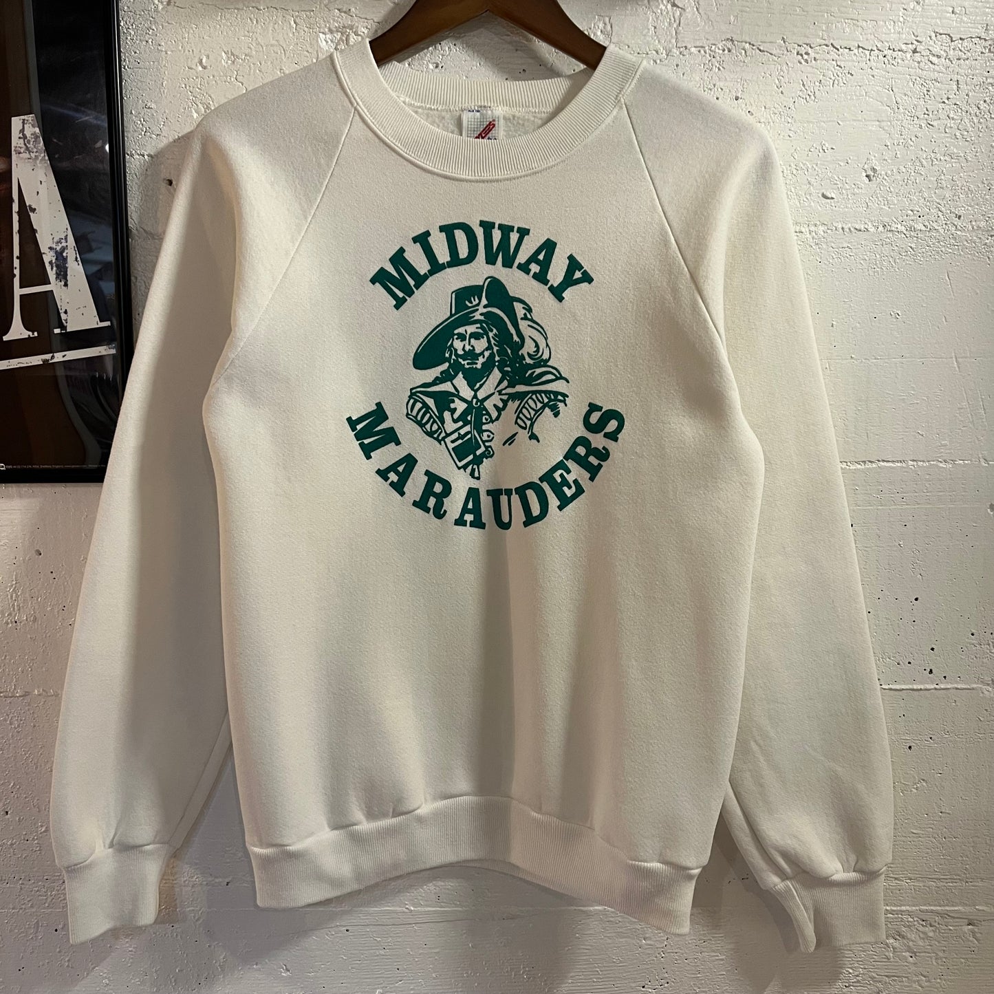 Vintage 80’s Jerzees Midway Marauders Raglan Sleeve Crewneck Sweatshirt - Size Small - Made In USA - White/Green