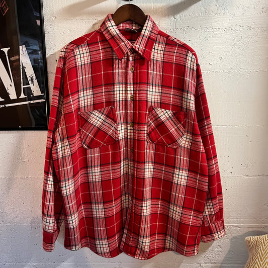 Vintage 1980's Big Mac JCPenney's Heavy Cotton Plaid Flannel Button Up Shirt - Size XL - Made In Portugal - Red/White