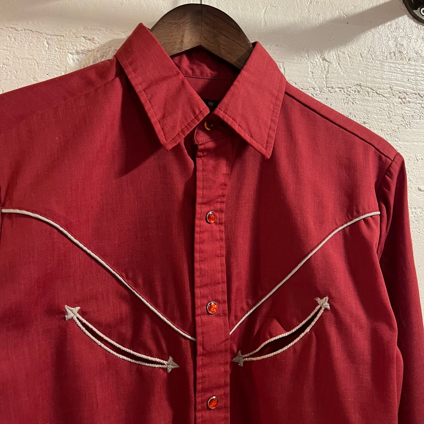 Vintage 1970's Wrangler Western Yoke Pearl Snap Western Shirt - Size Medium - Made In USA - Maroon/Silver