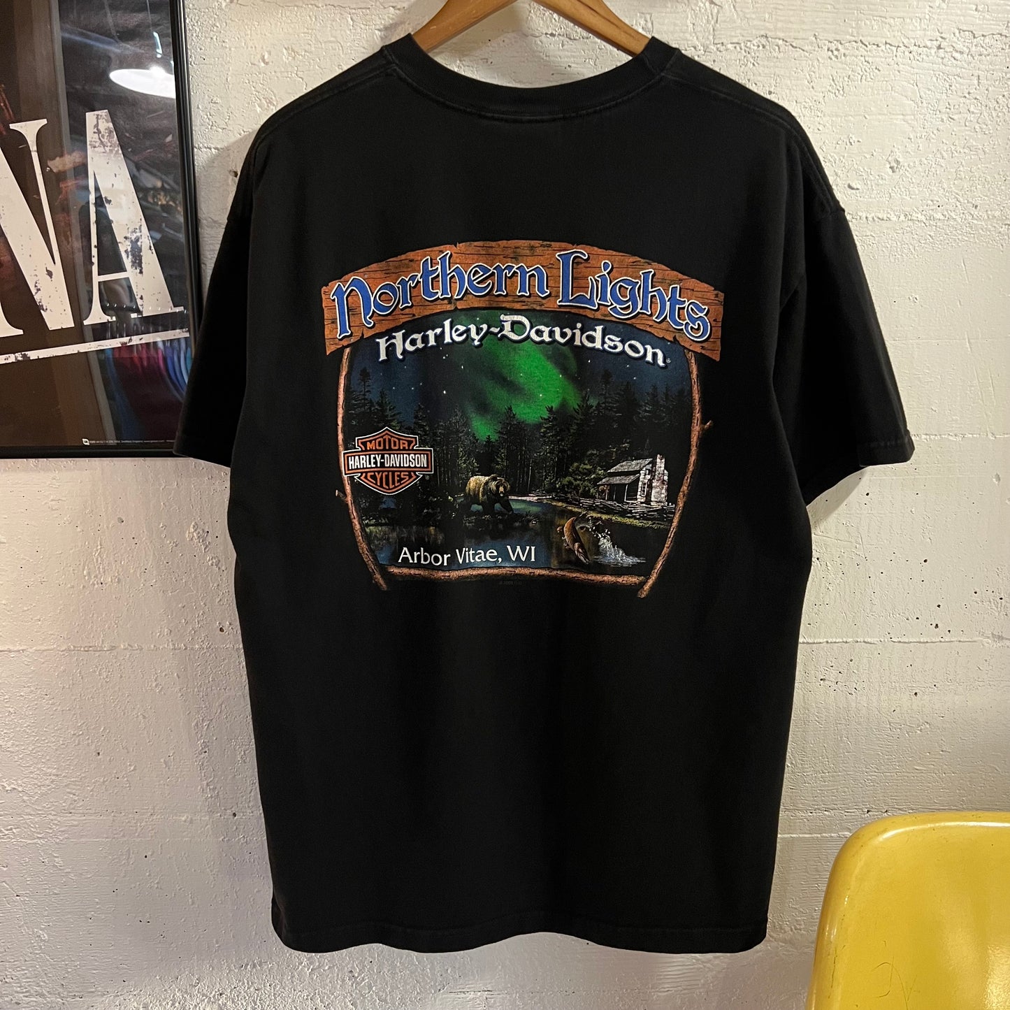 2009 Harley Davidson ‘Northern Lights’ Arbor Vitae, WI Graphic T-Shirt - Size XL - Made In USA - Black/Multi