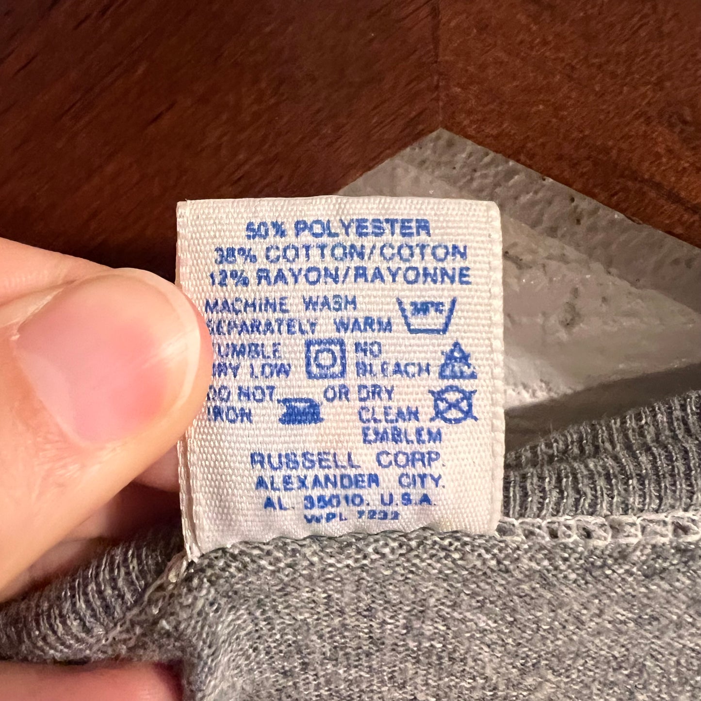 Vintage 80’s Russell Athletic Jefferson Football Cropped Baby Single Stitch T-Shirt - Size Large - Made In USA - Heather Grey/Navyi