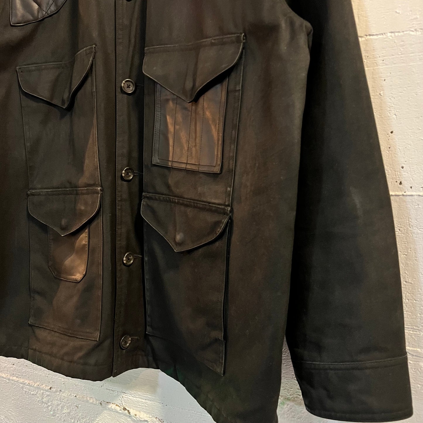 Vintage 90's Polo Ralph Lauren Waxed Canvas & Leather Hunting Jacket - Size Large - Black/Black