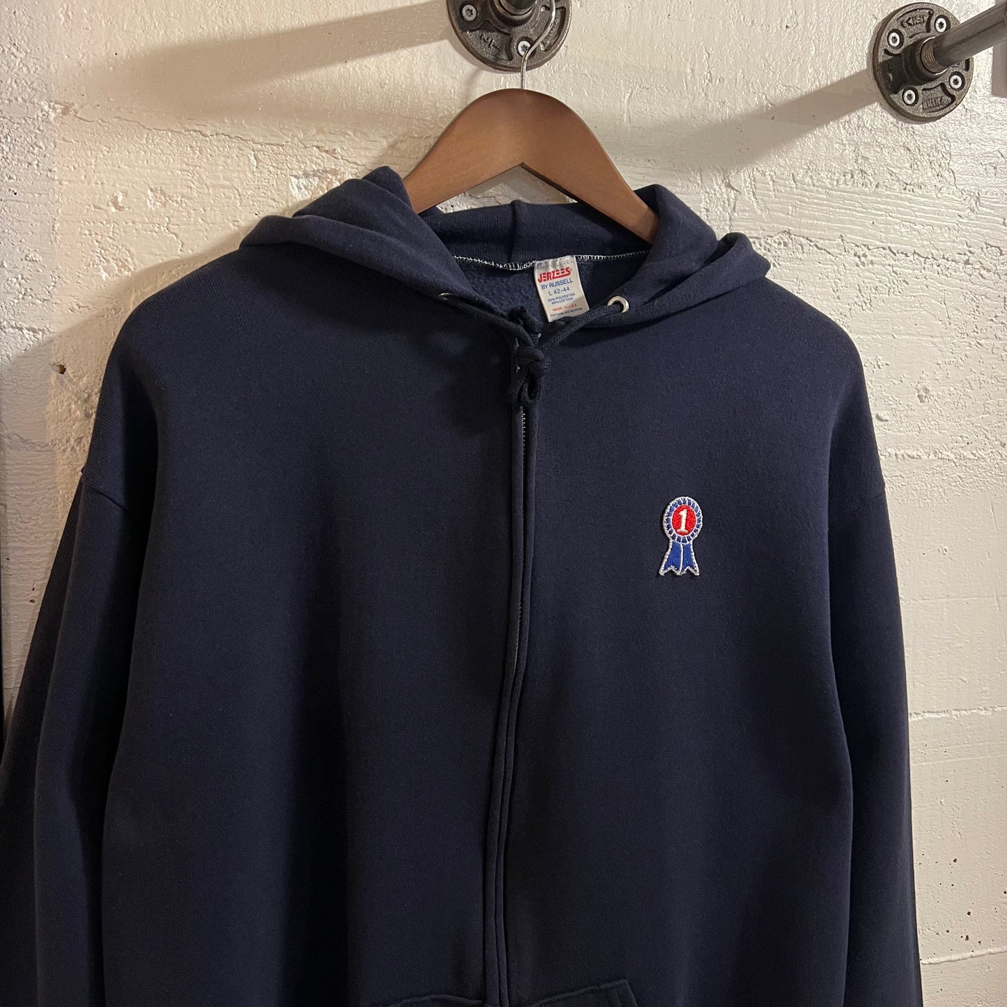Vintage 80’s Jerzees ‘First Place’ Full Zip Hoodie Sweatshirt - Size Large - Made In USA - Navy