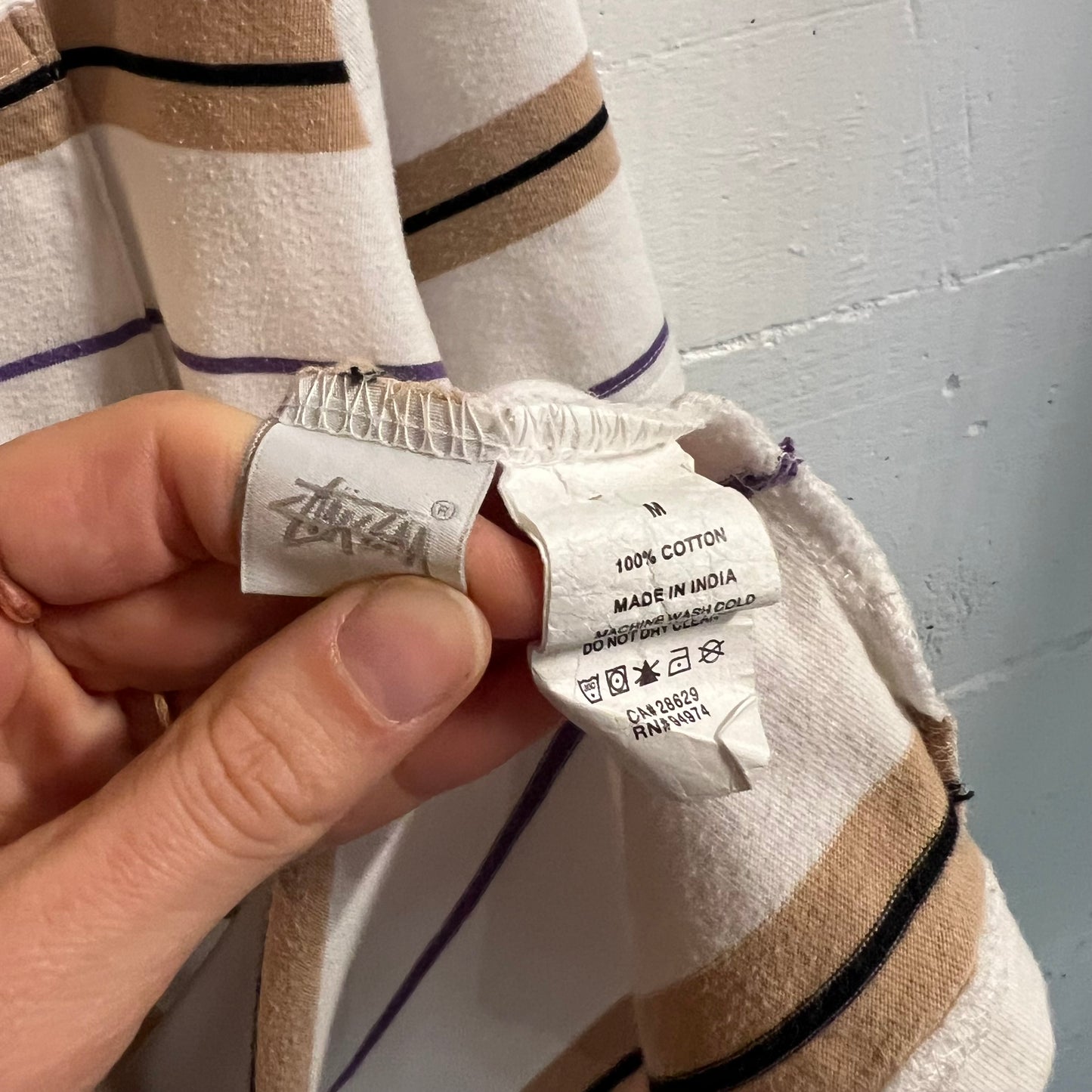 *Pre-Owned* Stüssy Embroidered Logo Striped Pocket T-Shirt - Size Medium - White/Beige/Violet