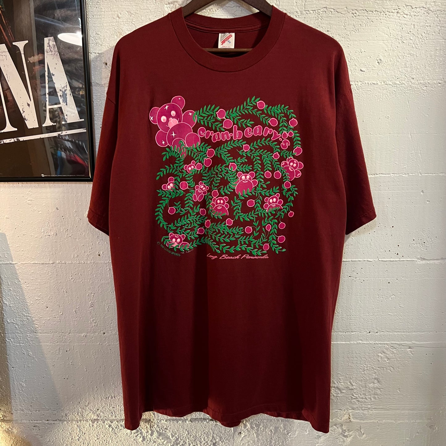 Vintage 1991 Long Beach Peninsula ‘Cranbeary’s’  Puff Print Graphic T-Shirt - Size XL - Made In USA - Maroon/Green/Pink