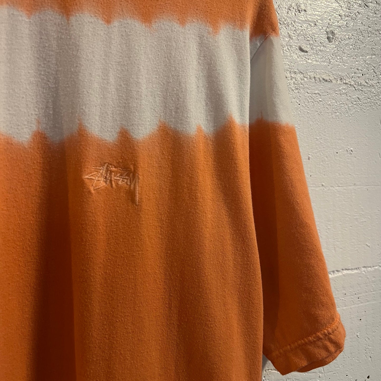 *Pre-Owned* Stüssy Bleach Dyed Embroidered Logo T-Shirt - Size Medium - Coral/White