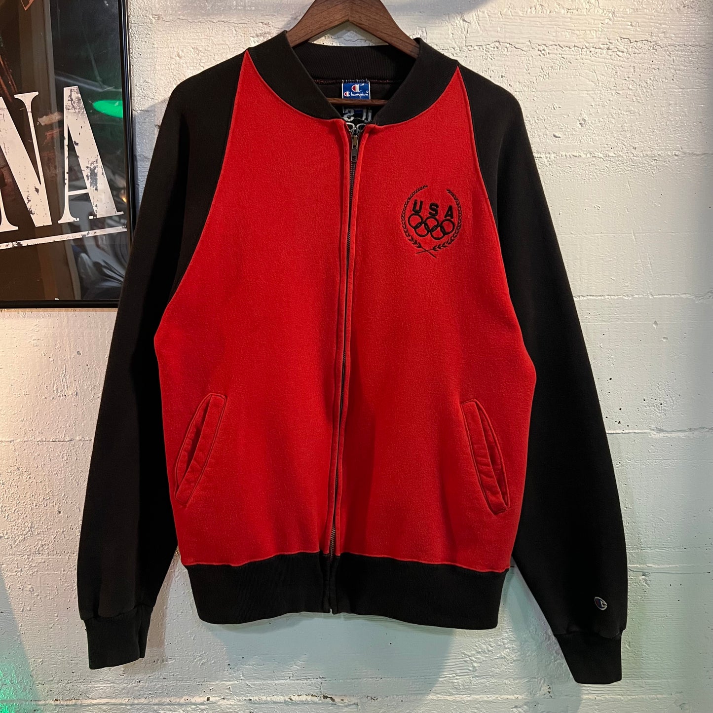 Vintage Embroidered Champion Olympic Zippered Crewneck Sweatshirt - Size Large - Made In USA - Black/Red