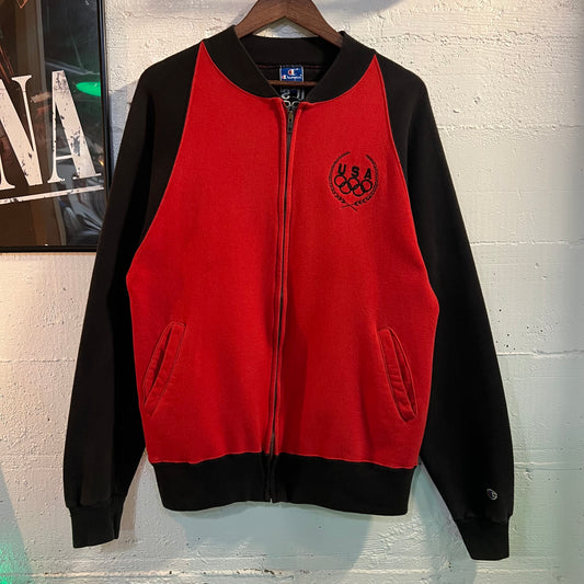 Vintage Embroidered Champion Olympic Zippered Crewneck Sweatshirt - Size Large - Made In USA - Black/Red