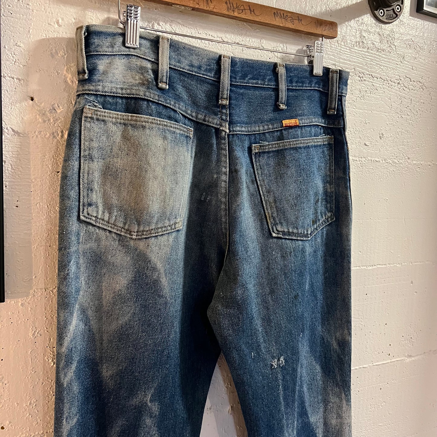 Vintage 70's/80's Rustler Faded Distressed Patch Denim Jeans - Size 32" x 32" - Made In USA - 87620 - Light Faded Indigo