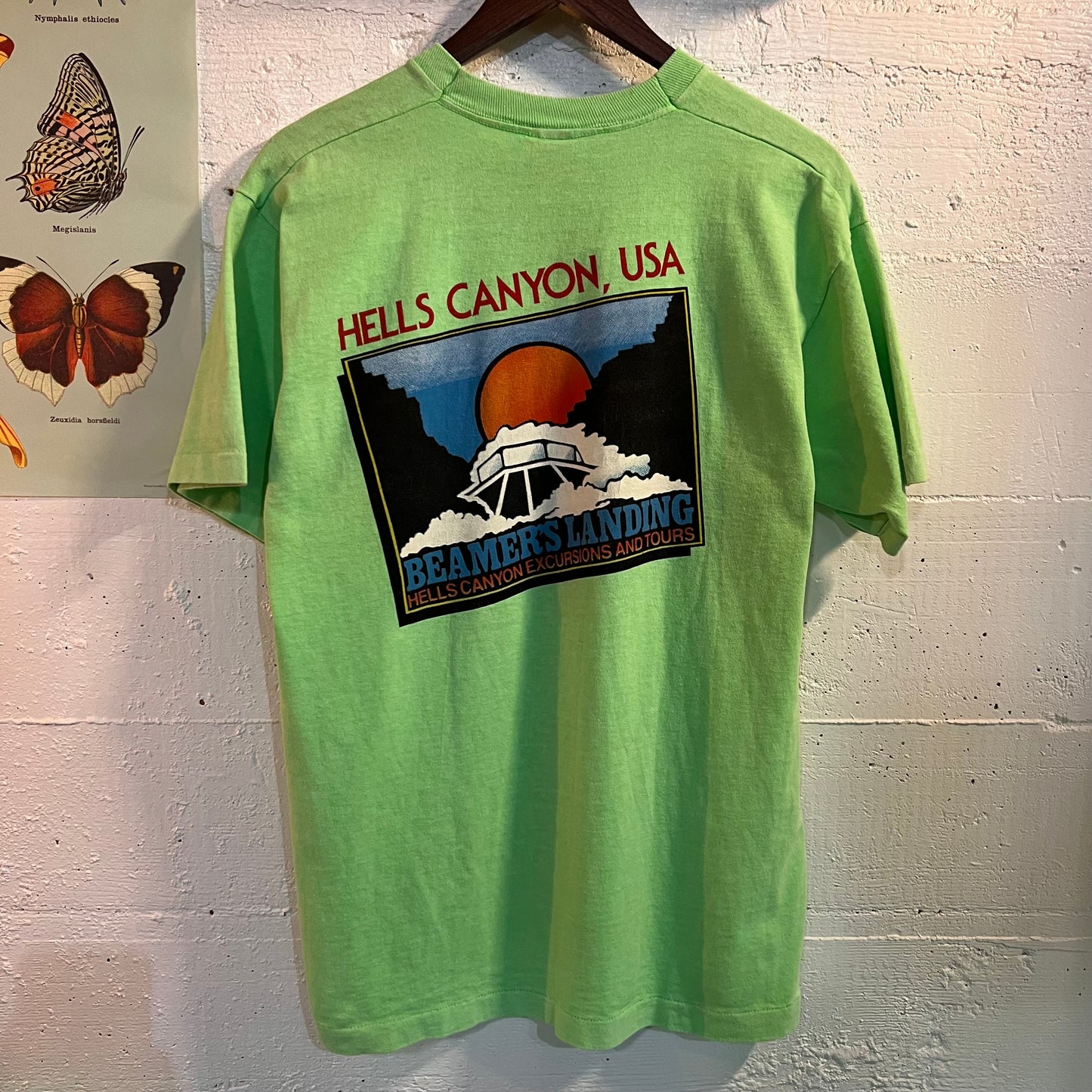 Vintage 90's Hells Canyon Jet Boat T-Shirt - Size Large - Made In USA - Single Stitch - Neon Green