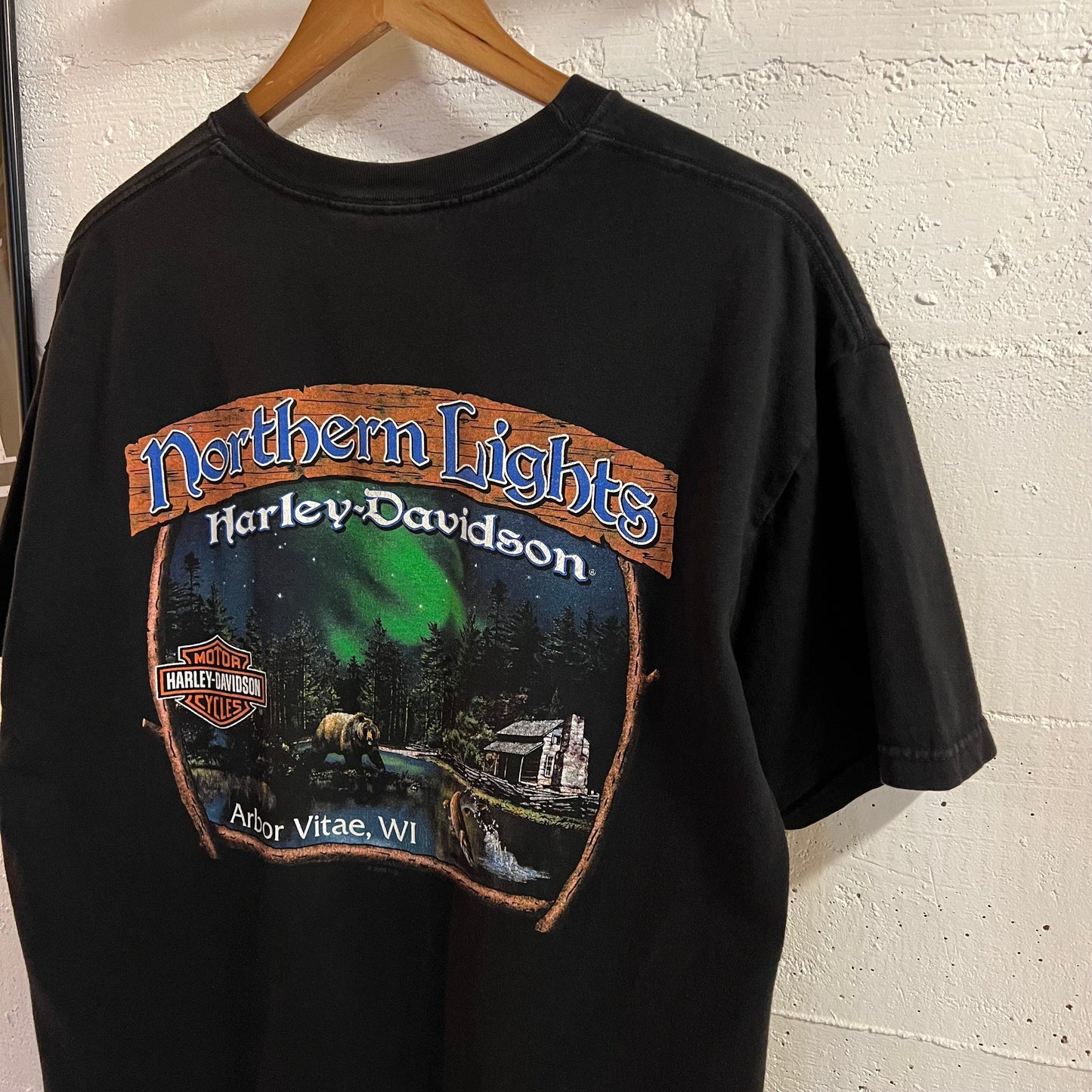 2009 Harley Davidson ‘Northern Lights’ Arbor Vitae, WI Graphic T-Shirt - Size XL - Made In USA - Black/Multi