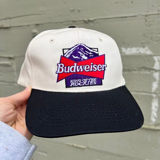 Vintage 90's Budweiser 'King of The Rockies' Embroidered 2-Tone Snapback Hat - O/S - Black/Cream