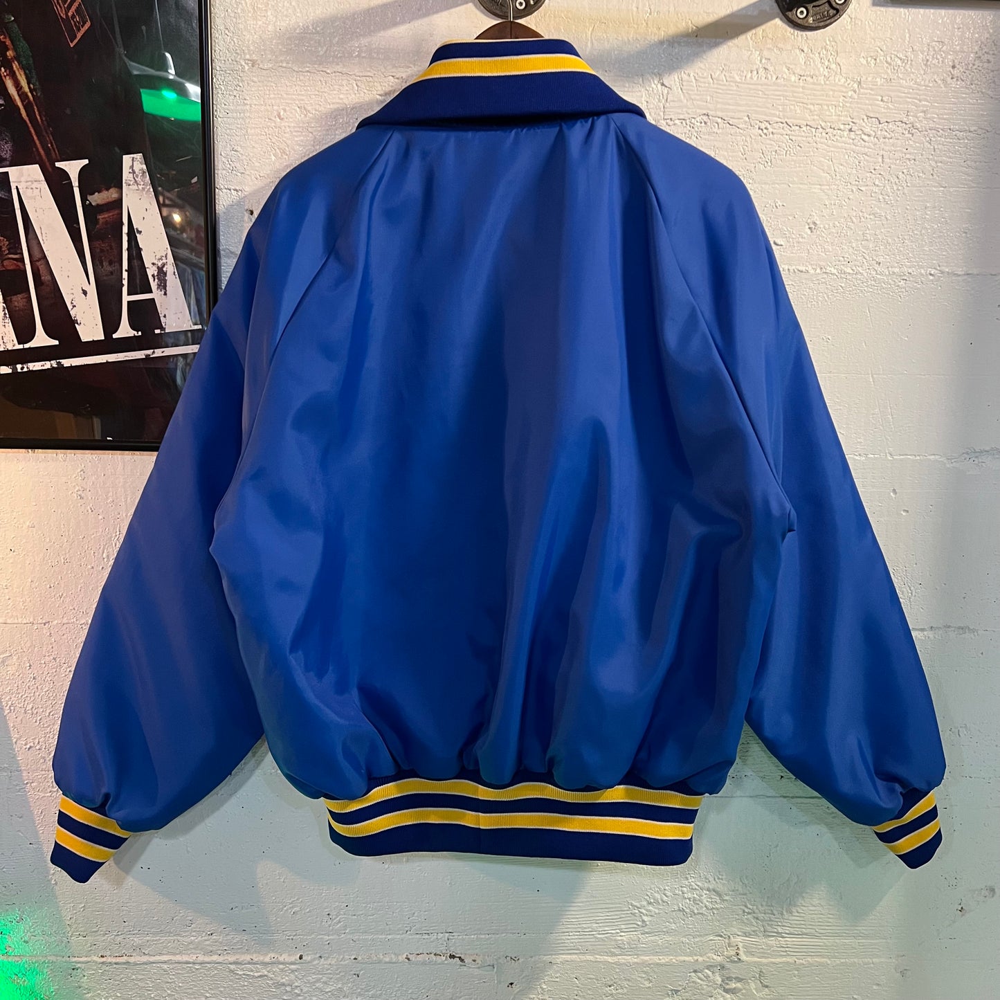 Vintage 90's Fold Down Collar Satin Bomber Jacket 'James River-Wauna Mill' - Size Large - Made In USA - Blue/Yellow