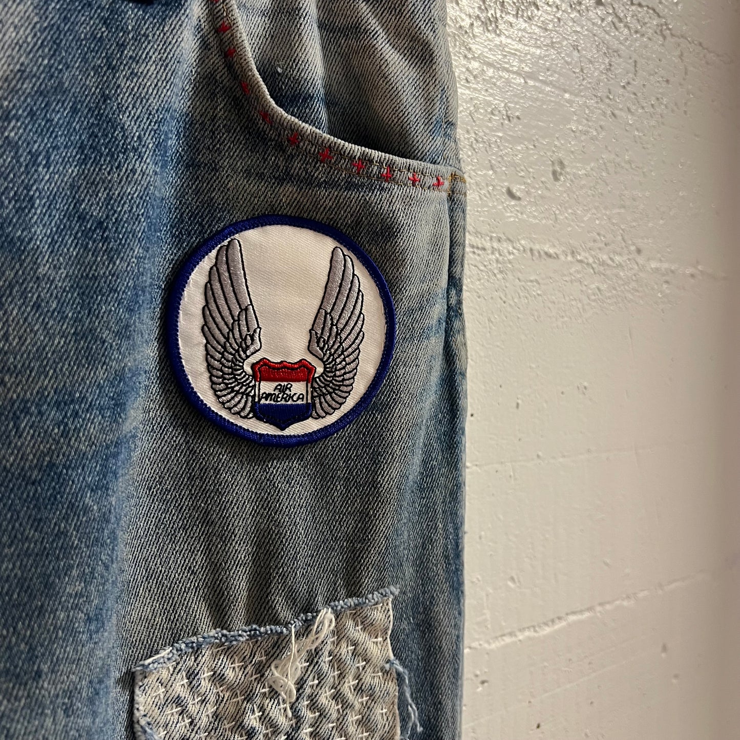 Vintage 70's/80's Rustler Faded Distressed Patch Denim Jeans - Size 32" x 32" - Made In USA - 87620 - Light Faded Indigo