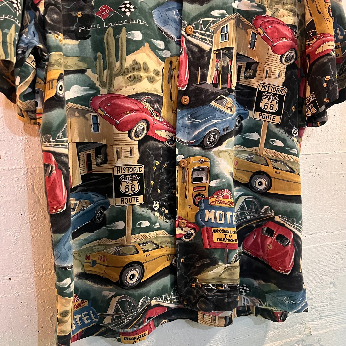 Vintage Paradise Found Corvette 'Route 66' Rayon Aloha Hawaiian Shirt - Size Large - Made In Hawaii (USA)