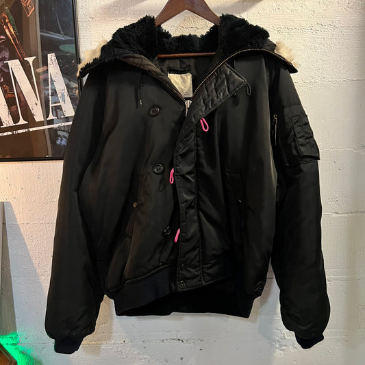 Vintage 1980's Heavy Flight Jacket N-2B With Attached Hood (MIL-J-6278F) - Size XL - Made In Korea - Navy