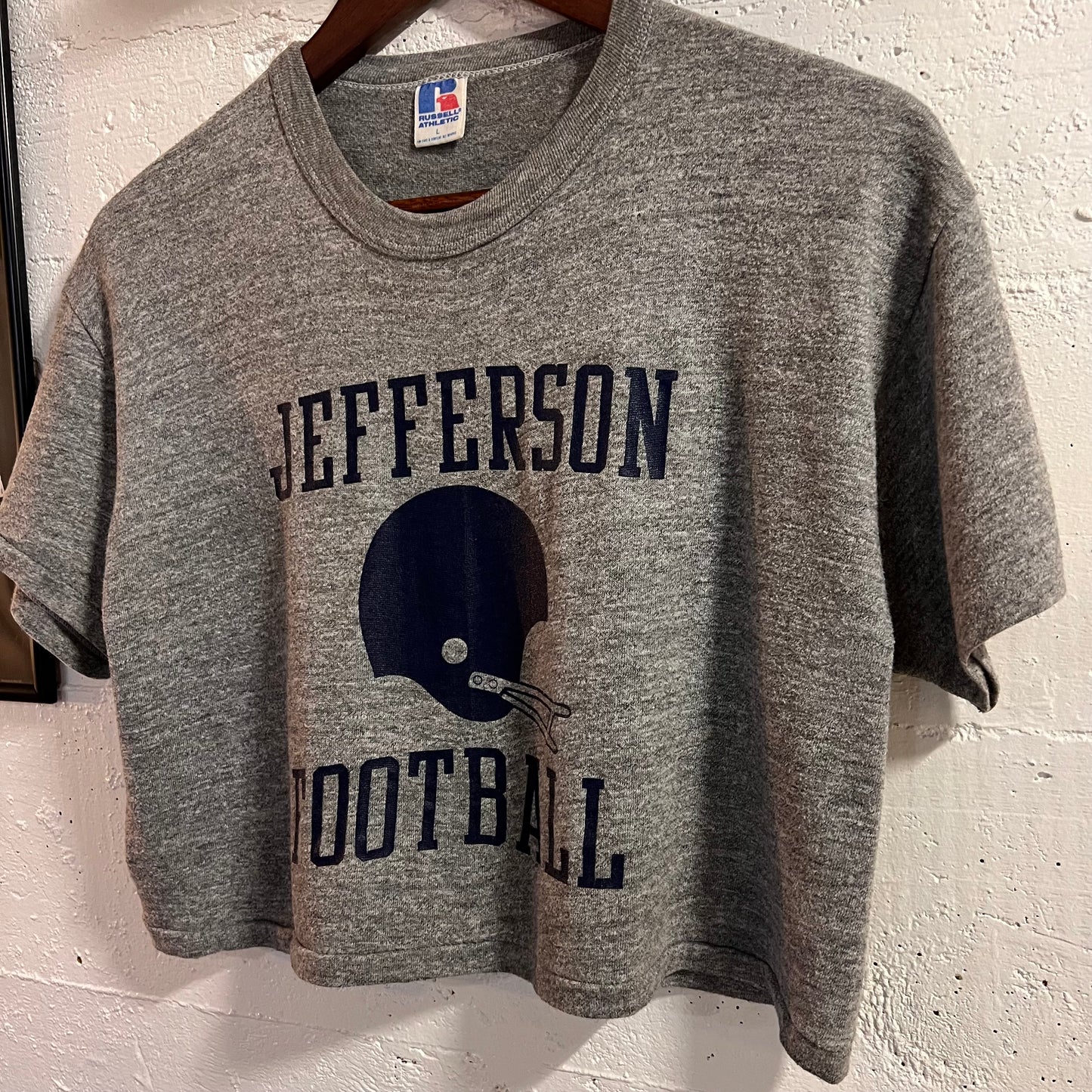 Vintage 80’s Russell Athletic Jefferson Football Cropped Baby Single Stitch T-Shirt - Size Large - Made In USA - Heather Grey/Navyi