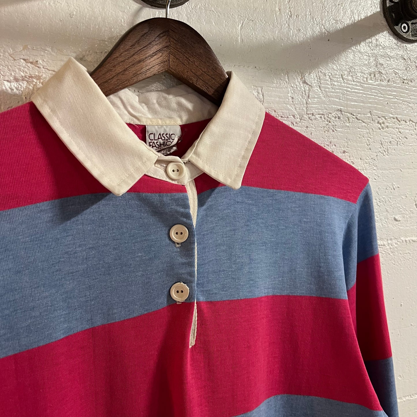Vintage 90’s Classic Fashion Rugby Style Long Sleeve Striped Shirt - Size Medium - Made In USA - Pink/Blue/White